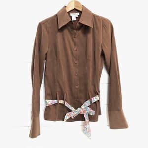 Puli Women's Vintage Suede Button Up Shirt Top W/Floral Tie Size 6/36 Brown 70s‎